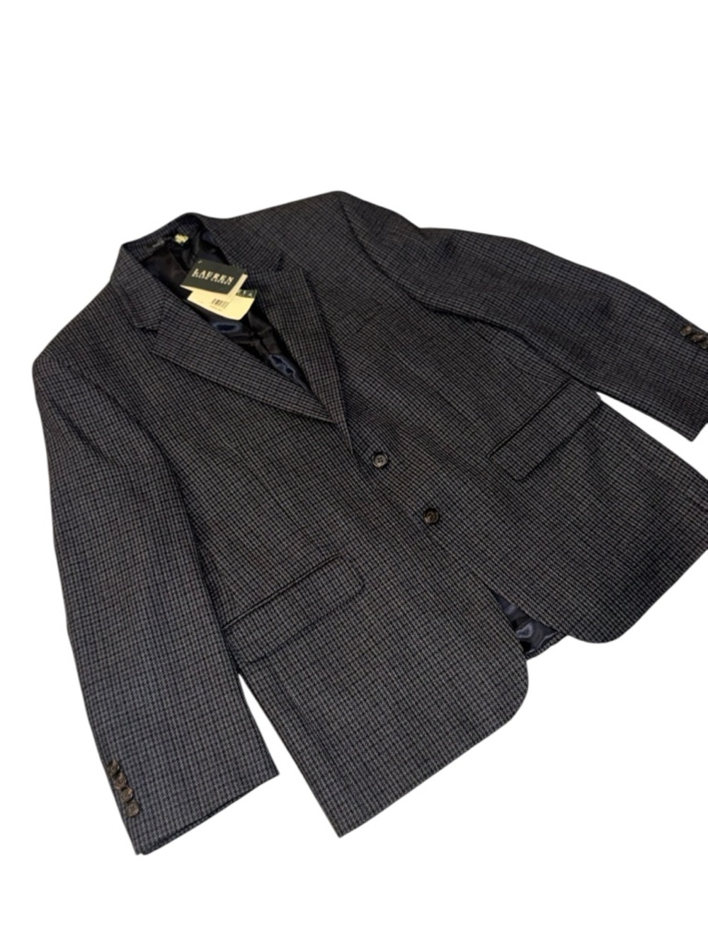 NWT LAUREN RALPH LAUREN navy Houndstooth 2 button lambs wool Blazer coat sz 42s - Picture 4 of 11